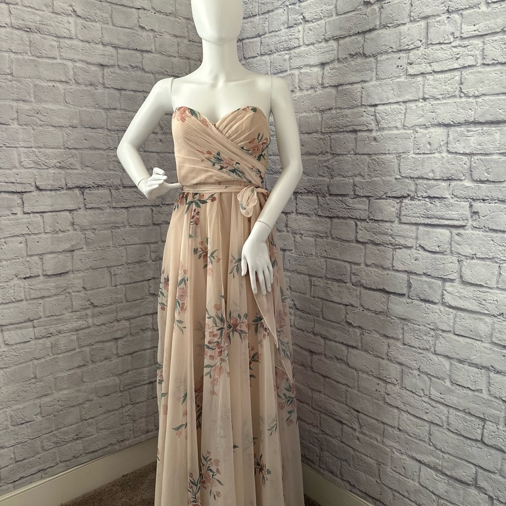 Jenny Yoo Adeline strapless chiffon gown features a romantic pink floral print - Picture 3 of 9